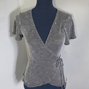 Anthropologie Black and White Striped Wrap Top